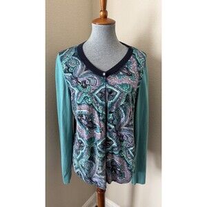 Talbots Women's Size XL Blue Purple Teal Paisley Print Cardigan Sweater